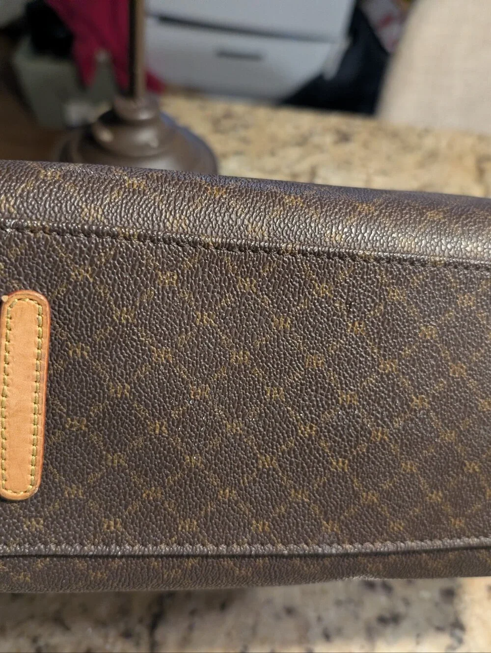 Rioni Signature Brown Monogram Messenger Bag Leather Accents Italian Crossbody